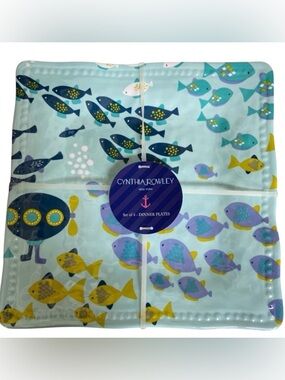 Cynthia Rowley-Set of 4 Square Melamine Dinner Plates Aqua Blue Fish Submarines